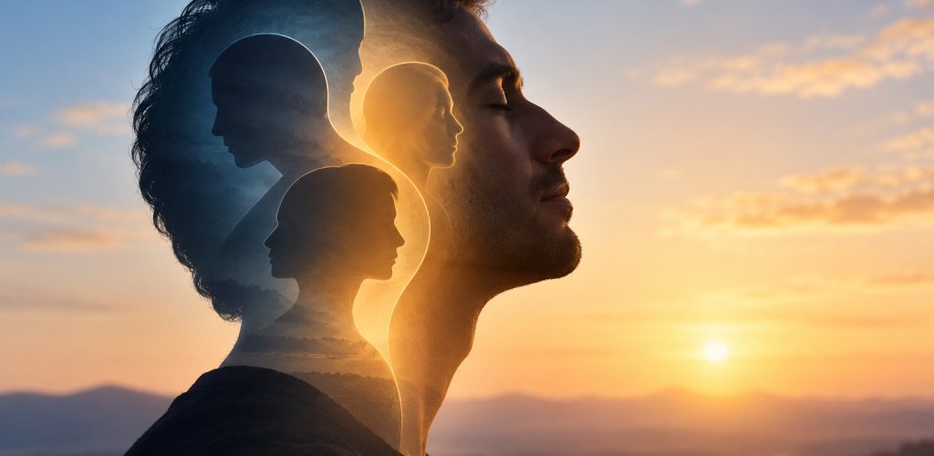 סינרגיה עם עצמי – דמות אדם המשלבת בתוכה דמויות נוספות, המסמלות קולות פנימיים שונים, התמודדות עם קונפליקטים ויצירת הרמוניה פנימית.